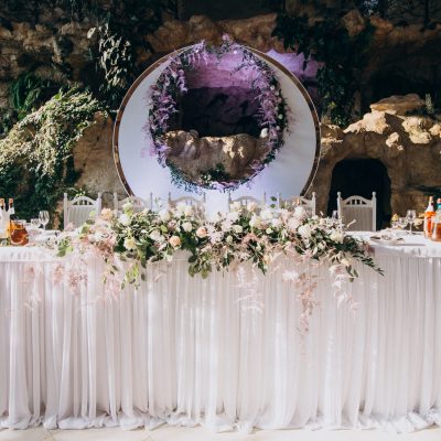 Decorated tables at a luxury wedding restaurant
